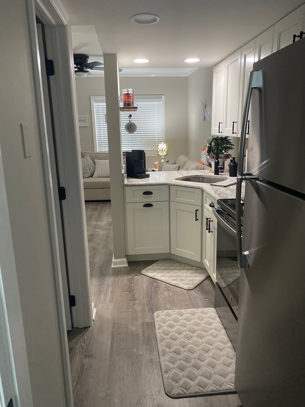 View from bedroom door to kitchen.