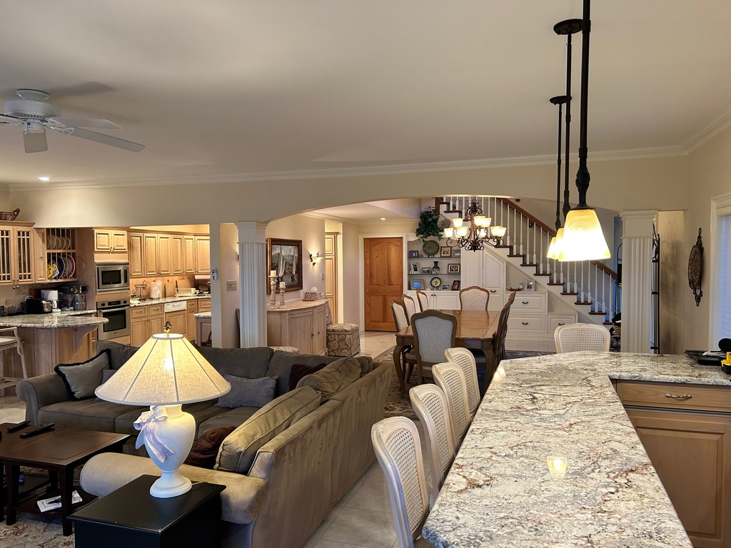 Family room, bar, kitchen, dining room