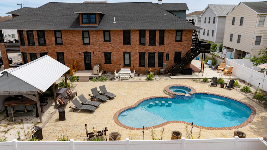 Aerial view of backyard oasis
