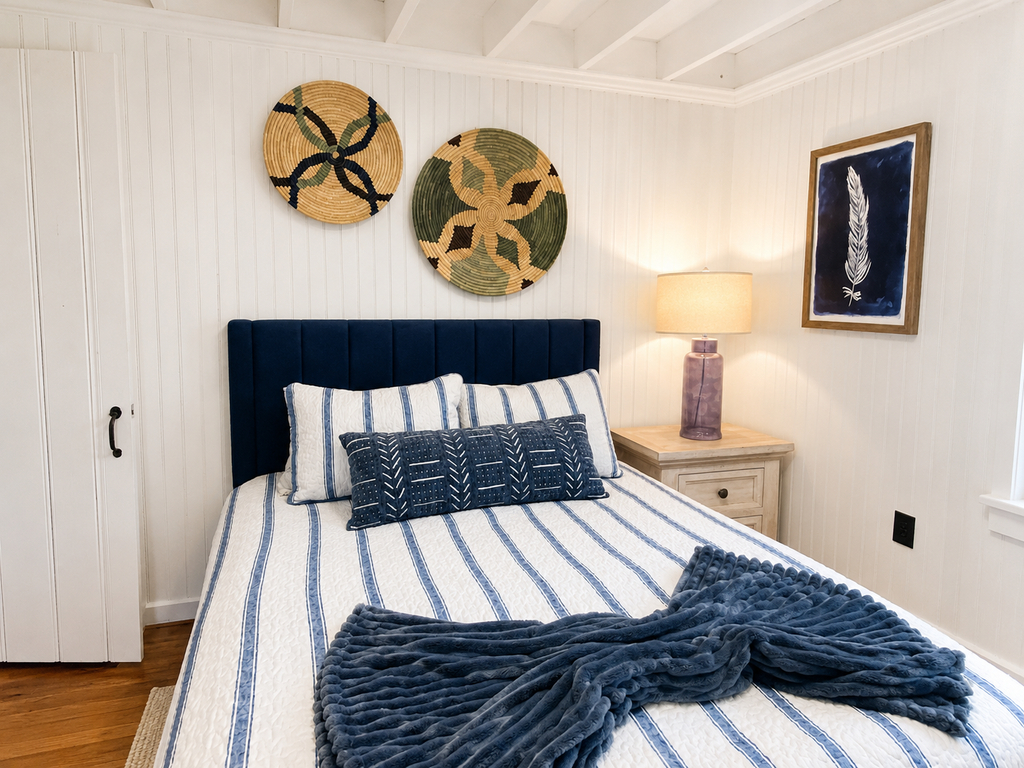 Coastal Cozy Bedroom with Navy Accents
