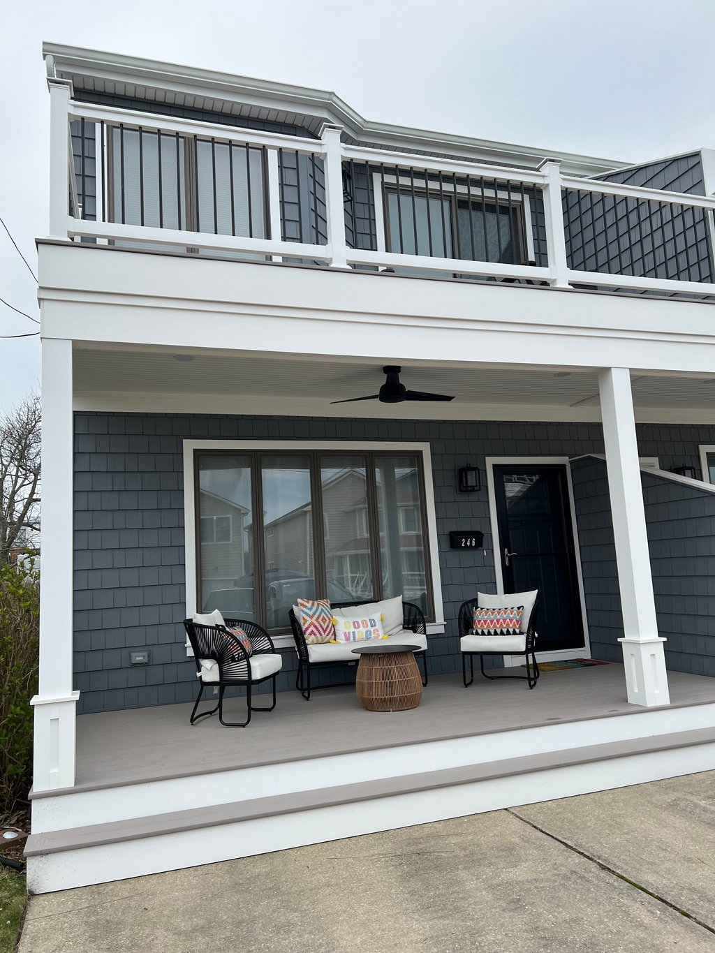 Front of house - view of upper and lower decks